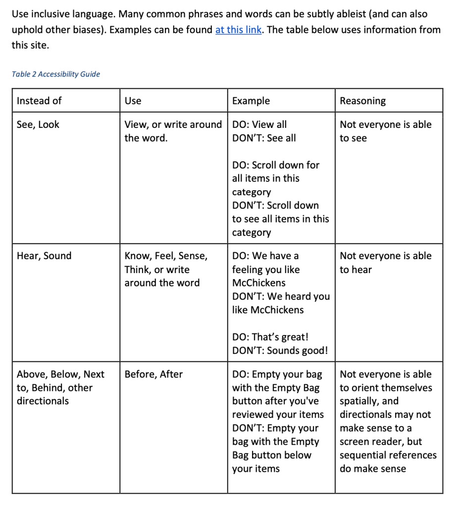 A table showing words to use instead of subtly ableist language, along with usage examples and reasoning.